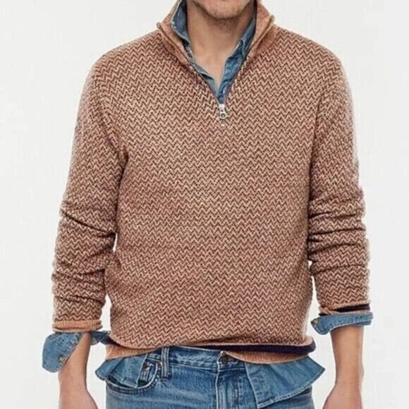 J.Crew Sweater Medium Brown Rugged Merino 1/4 Zip Birds Eye New